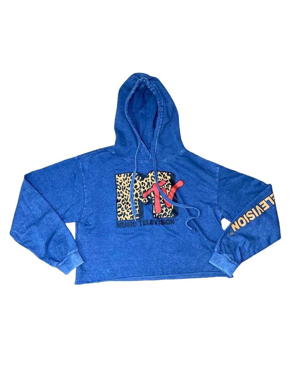 MTV Music Television Leopard Graphic Cropped Hoodie Blue Size Medium